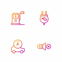 Set line Electric motor, car, charging station and saving plug leaf. Gradient color icons. Vector