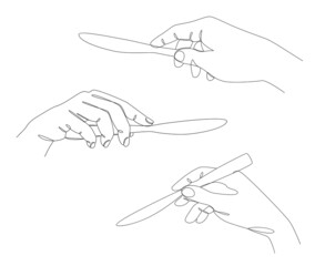 Collection. Silhouettes of a male hand holding a knife in a modern one line style. Continuous line drawing, aesthetic outline for decor, posters, wall art, stickers, logo. Vector illustration set.