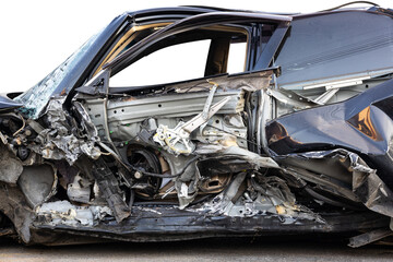 Close-up background of a black car wrecked in a fatal collision.