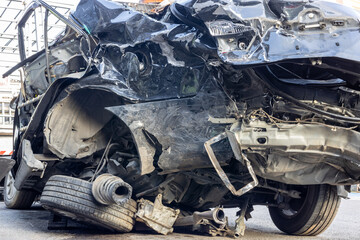 Close-up background of a black car wrecked in a fatal collision.
