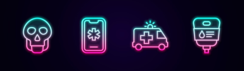 Obraz premium Set line Skull, Emergency call 911, Ambulance car and IV bag. Glowing neon icon. Vector