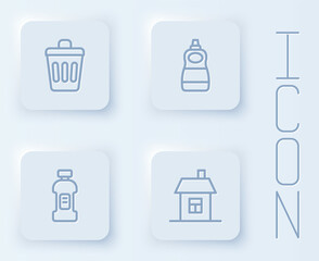 Set line Trash can, Dishwashing liquid bottle, Bottle for detergent and House. White square button. Vector