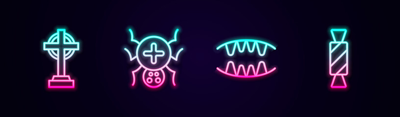 Set line Tombstone with cross, Spider, Vampire teeth and Candy. Glowing neon icon. Vector