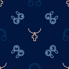 Set line Piercing, Earrings and Christian cross on chain on seamless pattern. Vector