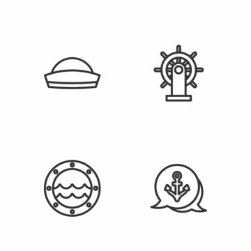 Set line Anchor, Ship porthole, Sailor hat and steering wheel icon. Vector