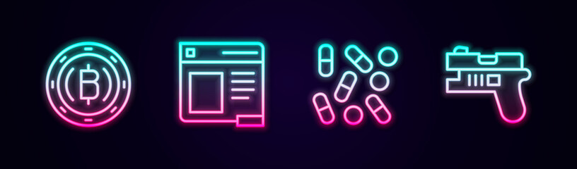 Set line Cryptocurrency coin Bitcoin, Browser window, Medical pill biohacking and Futuristic weapon. Glowing neon icon. Vector