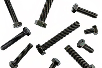 Background made of black screws with a hardness of 4.8, isolated on a white background, visible small and large screws, top view.