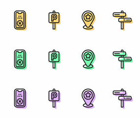 Set line Location with star, Taxi mobile app, Parking and Road traffic sign icon. Vector