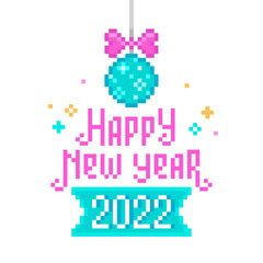 Fototapeta na wymiar Happy New Year 2022 Pixel Art greeting card with pink text and blue Christmas ornament isolated on white. 2022 New Year 8-bit retro game style poster template