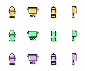 Set line Pepper, Chicken egg on a stand, Cooking pot fire and Meat chopper icon. Vector