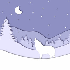 Obraz na płótnie Canvas Wolf howels at the moon in forest in the winter season with trees and snow. Paper cut style. New Year and Merry Christmas card. Vector illustration.