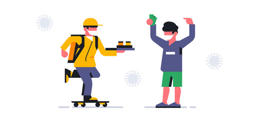 A courier wearing a medical mask delivered the order. Safe online food delivery to your home during a pandemic. Coronavirus, virus, medical protection, money, food, people. Vector illustration.