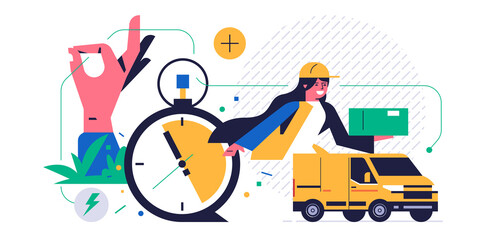 Online parcel delivery service concept. Online service for fast delivery of parcel to your home. Courier girl with order box, courier truck. Hand symbol ok, stopwatch. Flat vector illustration