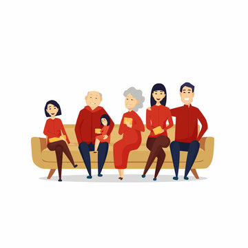 An Asian family enjoys a reunion on New Years Eve, sitting on the couch. Vector cartoon illustration.