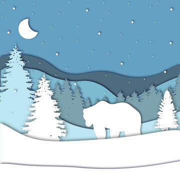 Bear in forest in the winter season with trees and snow. Paper cut style. Merry Christmas card. Vector illustration. © VIKTORIA