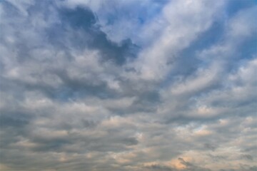 Sunset sky with glimpses of the sun between the clouds.