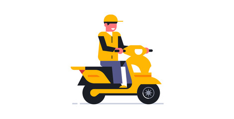 Fototapeta premium The courier delivers the order on a motorcycle. Online delivery service for parcels and food to your home. Courier in working uniform. Bike, moto, scooter. Vector illustration