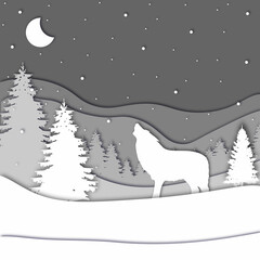 Wolf howels at the moon in forest in the winter season with trees and snow. Paper cut style. New Year and Merry Christmas card. Vector illustration.