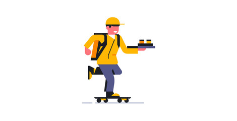 A courier delivers an order on a skateboard. Online delivery service for parcels and food to your home. Courier in working uniform. Backpack, bag, package, food, coffee, pizza. Vector illustration