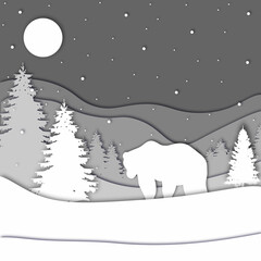 Bear in forest in the winter season with trees and snow. Paper cut style. Merry Christmas card. Vector illustration.

