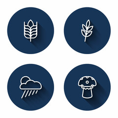 Set line Wheat, Leaf, Cloud with rain and sun and Mushroom with long shadow. Blue circle button. Vector