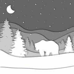 Bear in forest in the winter season with trees and snow. Paper cut style. Merry Christmas card. Vector illustration.
