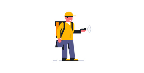 The courier accepts contactless payments. Online food delivery service to your home. Courier in working uniform. Backpack, bag, package, food, coffee, pizza, payment terminal. Vector illustration