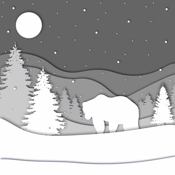 Bear in forest in the winter season with trees and snow. Paper cut style. Merry Christmas card. Vector illustration. © VIKTORIA