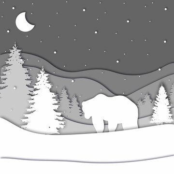 Bear in forest in the winter season with trees and snow. Paper cut style. Merry Christmas card. Vector illustration. © VIKTORIA