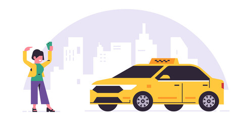 Naklejka premium Online taxi ordering service. A driver in a yellow taxi, a passenger, transportation of people. Girl with money, city, cab. Vector illustration isolated on background.