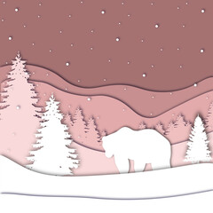 Bear in forest in the winter season with trees and snow. Paper cut style. Merry Christmas card. Vector illustration.
