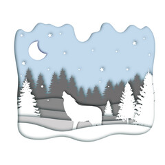 Wolf howels at the moon in forest in the winter season with trees and snow as Paper art and digital craft style concept. Vector illustration.