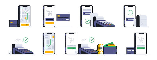 Set of means of payment. Payment for goods through a mobile application, screen menu, terminal, secure money transfer. Phone, app, money, cash, wallet, coin, nfc, map, gps, order. Vector illustration