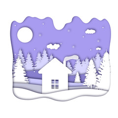 House in forest in the winter season with trees and snow. Paper cut style. Merry Christmas card. Vector illustration.
