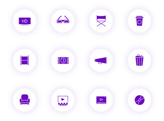 cinema purple color vector icons on light round buttons with purple shadow. cinema icon set for web, mobile apps, ui design and print