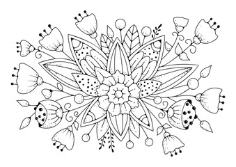 Naklejka premium Floral ornament coloring page. Art therapy for children and adults. Black-white flowers background for coloring.