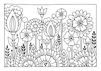 Vector background with abstract flowers and buds for coloring. Art therapy. Coloring page.