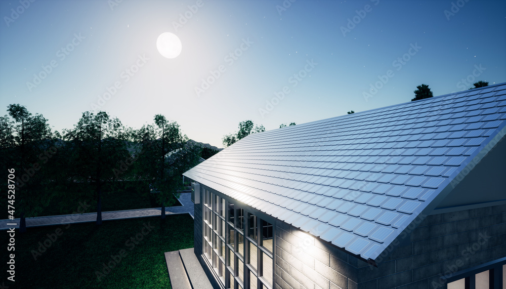 Wall mural 3d rendering of eco house building and green power energy consist of solar cell or photovoltaic cell in solar shingles and electrical cabinet. System technology for generate electrical power at night.