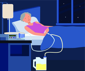 She on automated peritoneal dialysis during sleep, Nighttime, home.