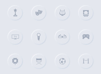entertainment gray vector icons on round rubber buttons. entertainment icon set for web, mobile apps, ui design and promo business polygraphy