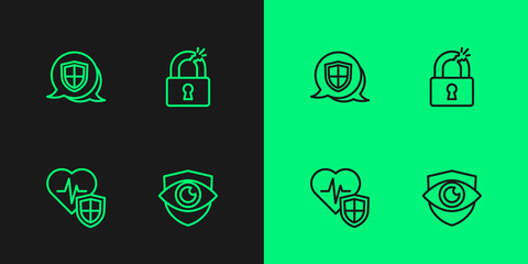 Set line Shield and eye, Life insurance with shield, and Broken or cracked lock icon. Vector