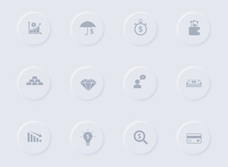 money and finance gray vector icons on round rubber buttons. money and finance icon set for web, mobile apps, ui design and promo business polygraphy