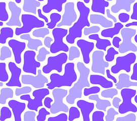 Seamless abstract cow pattern. Simple vector texture - white background with violet shapeless spots, dalmatian print. Trendy design for textile, fabric, wrapping paper.
