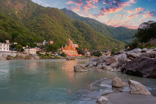 View of Ganga river embankment, Lakshman Jhula bridge and Tera Manzil Temple, Trimbakeshwar in Rishikesh