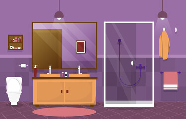 Clean Bathroom Interior Design Mirror Shower Furniture Flat Illustration