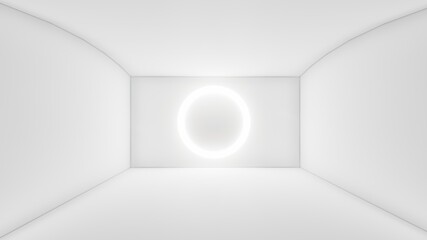 Interior background round window with lighting in empty room 3d rendering