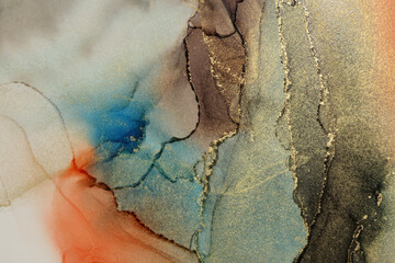 Art Abstract smoke blue, beige and gold glitter watercolor background. Marble texture. Alcohol ink.