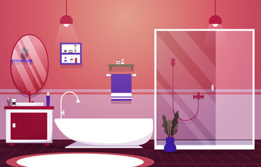 Clean Bathroom Interior Design Mirror Bathtub Furniture Flat Illustration