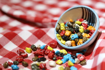 Various Nuts and dried fruits in wooden bowls