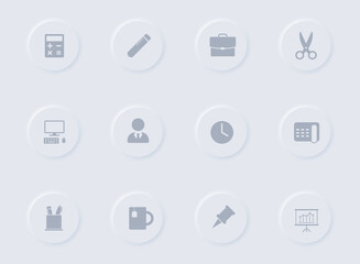 office gray vector icons on round rubber buttons. office icon set for web, mobile apps, ui design and promo business polygraphy